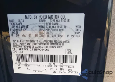 2011 Ford F-150 Lariat from USA, damaged, VIN 1FTFW1CT8BFC44063